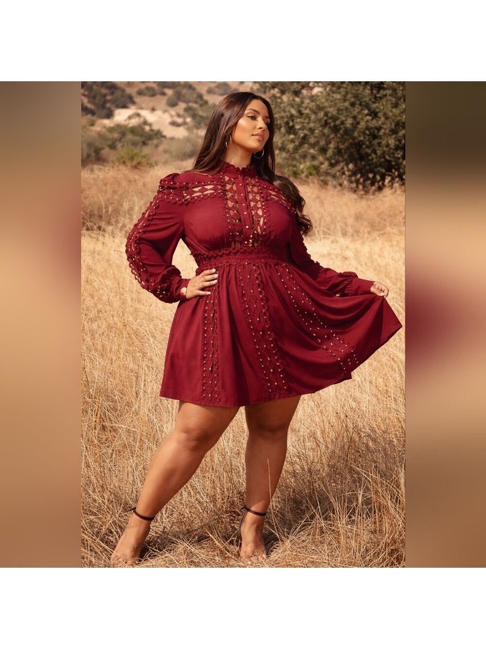 LATISTE Burgundy Lace Gold Studded Mini Dress Plus Size 3X